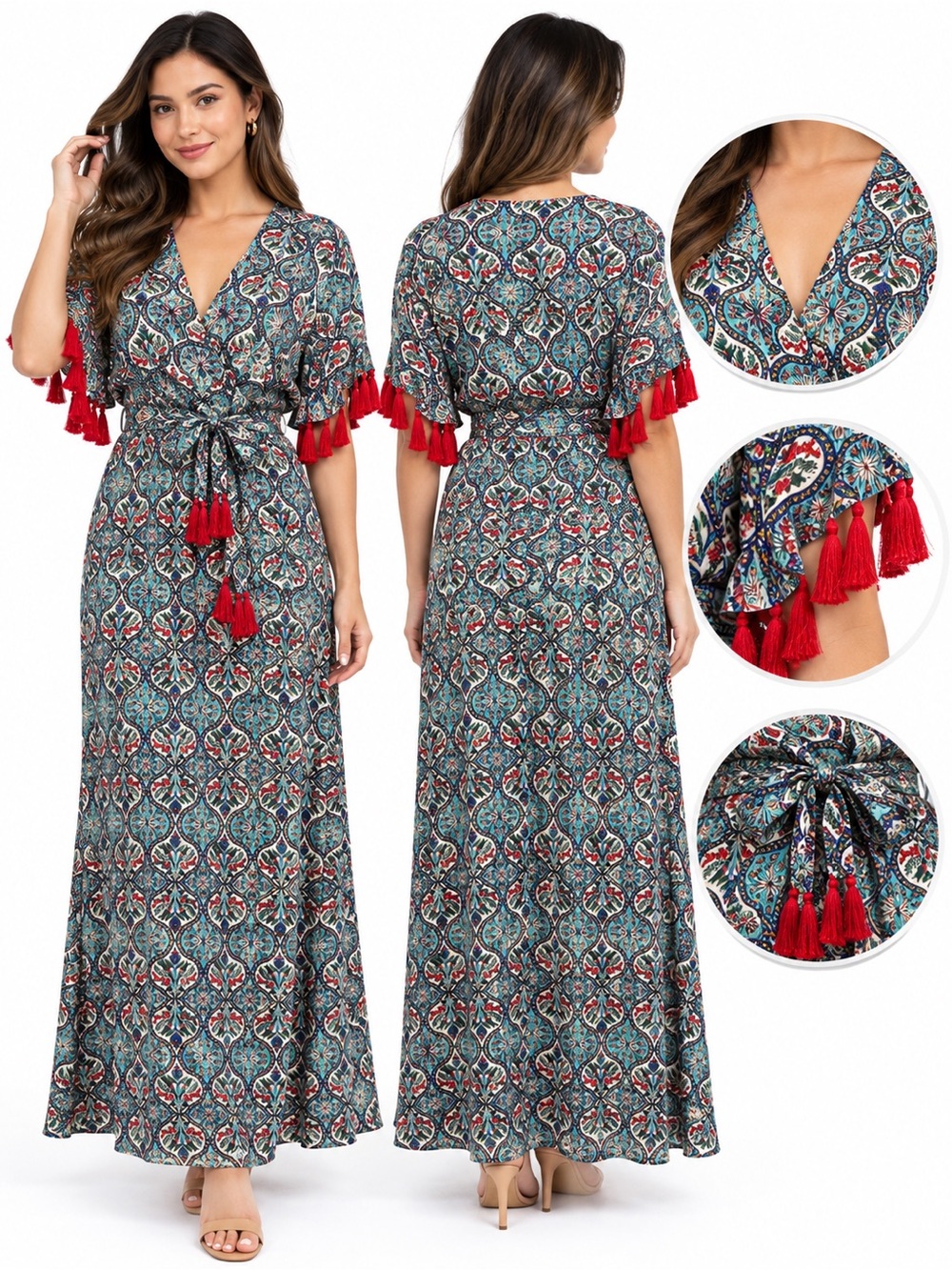 Sachin + Babi Size 0 Boho Floral Print Tassel Sleeve Maxi Dress